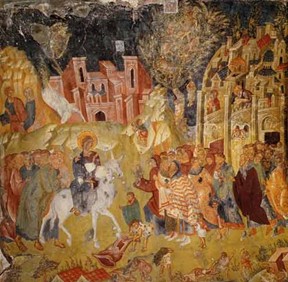 Βαϊοφόρος, τοιχογραφία, 1428, Παντάνασσα, Μυστράς.