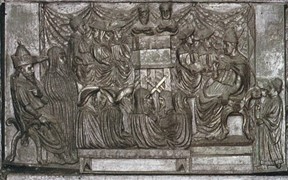 Filarete (c. 1400 - 1469), Οι Βυζαντινοί προσέρχονται σε συνάντηση του πάπα Ευγένιου Δ΄ ορειχάλκινο ανάγλυφο, 1433-45 Βατικανό, κεντρική θύρα της Βασιλικής του Αγίου Πέτρου